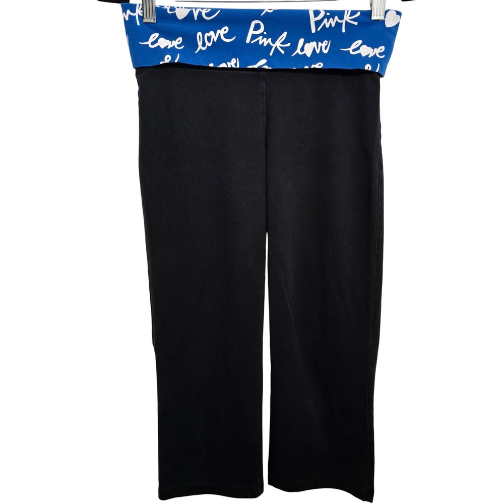 Y2K Victorias Secret PINK Yoga Crop Leggings Black Blue Foldover Waistband Small